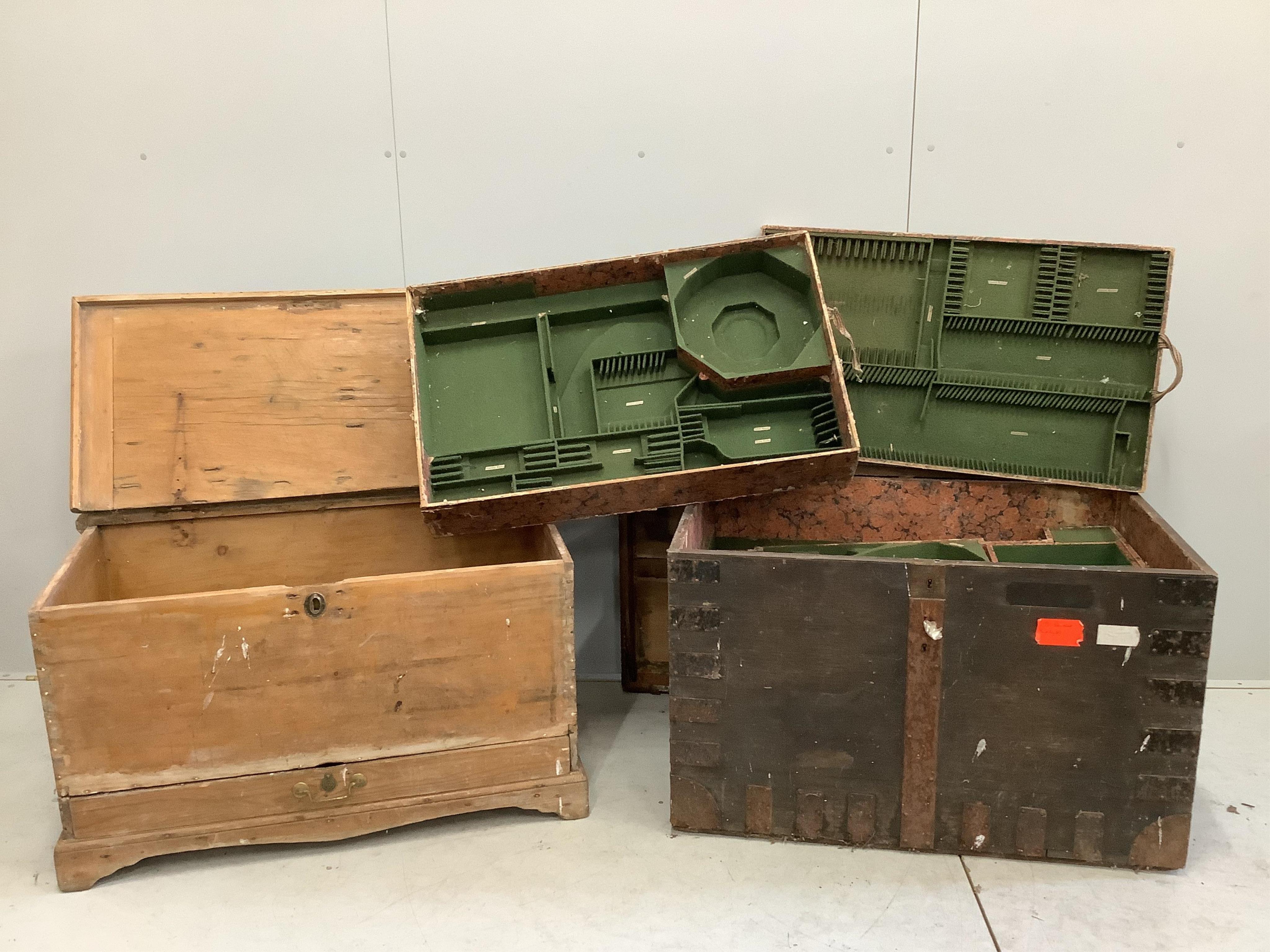 A Victorian iron bound oak silver chest, width 96cm, depth 61cm, height 68cm together with a smaller Victorian pine trunk